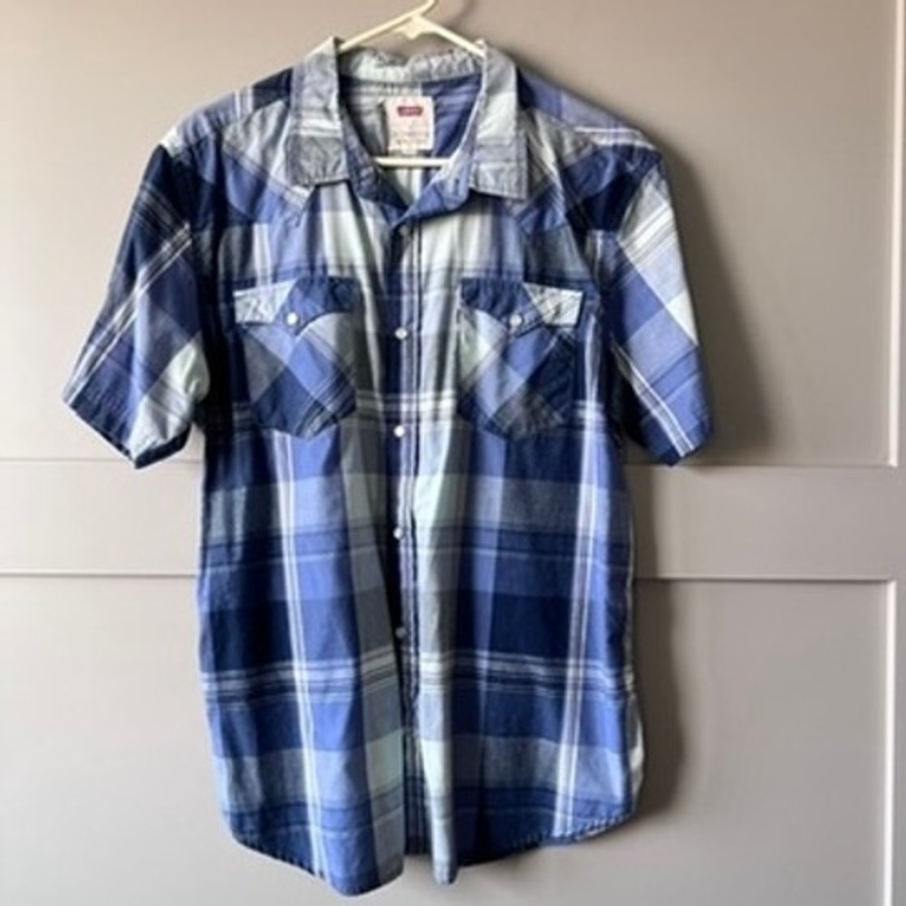 Levi's Western‎ Shirt Mens Large Blue Pearl Snap Plaid Short Sleeve Cowboy